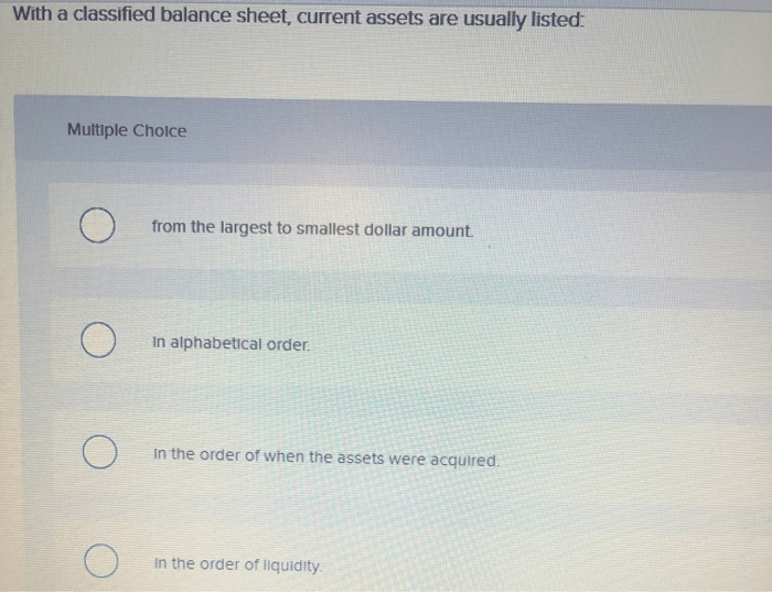 On a classified balance sheet current assets are customarily listed